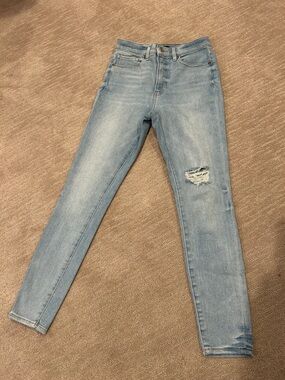 Express Light Blue High-Rise Skinny Jeans with Distressed Knee